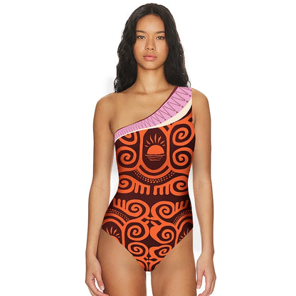 Modieuze badpak met één schouder en print of als set met sarong