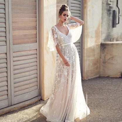 Spring/Summer New Women's Deep V Mid length Dress Lace Backless Evening Dress