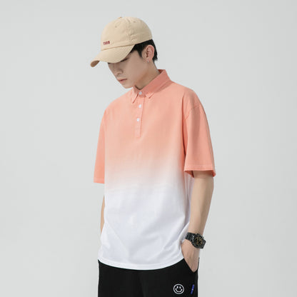 Grey gradient silk cotton lapel T-shirt for men