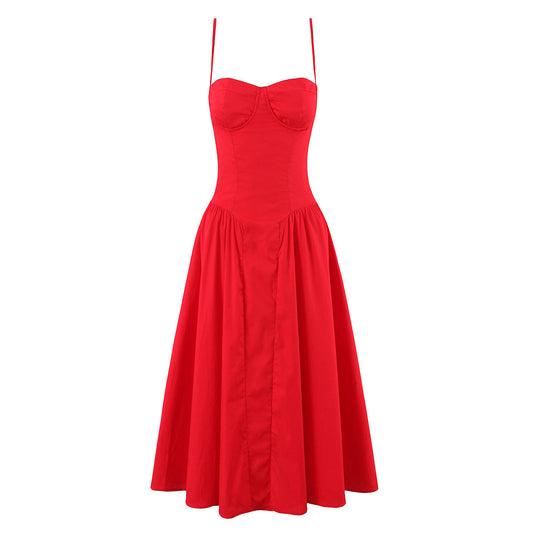 Summer European and American fashion square neck three-dimensional steel ring waist cinched pleated dress