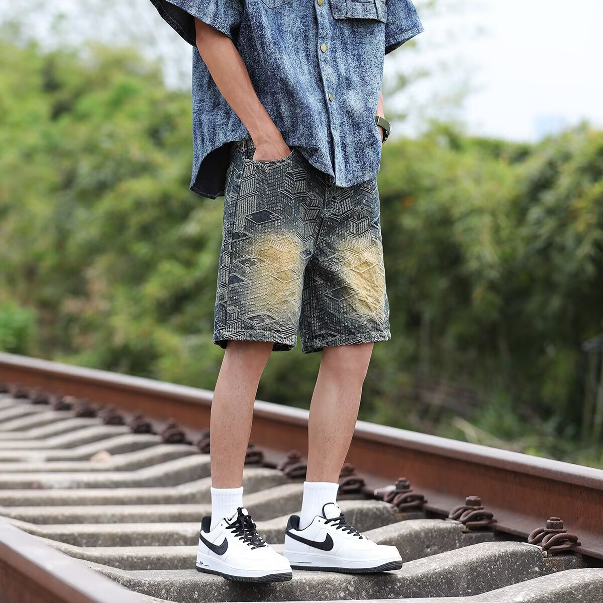Make vintage American jacquard five quarter summer thin shorts