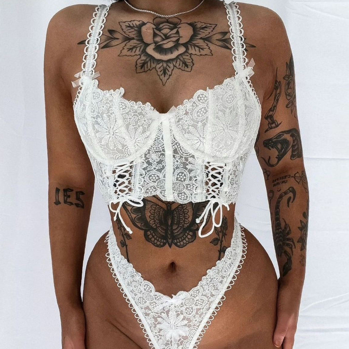 Style Lingerie Set - Lace Splicing with Handmade Ties