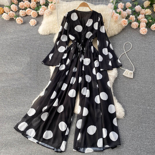 Tingfly Franse Chi Polka Dot Print Bohemian Casual Wijde Pijpen Jumpsuit