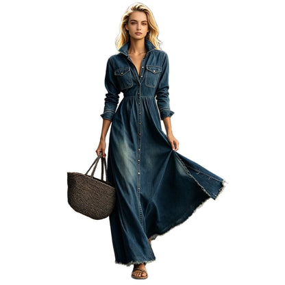 Taille-afslankende denimlook retro jurk met lange mouwen en knoopsluiting