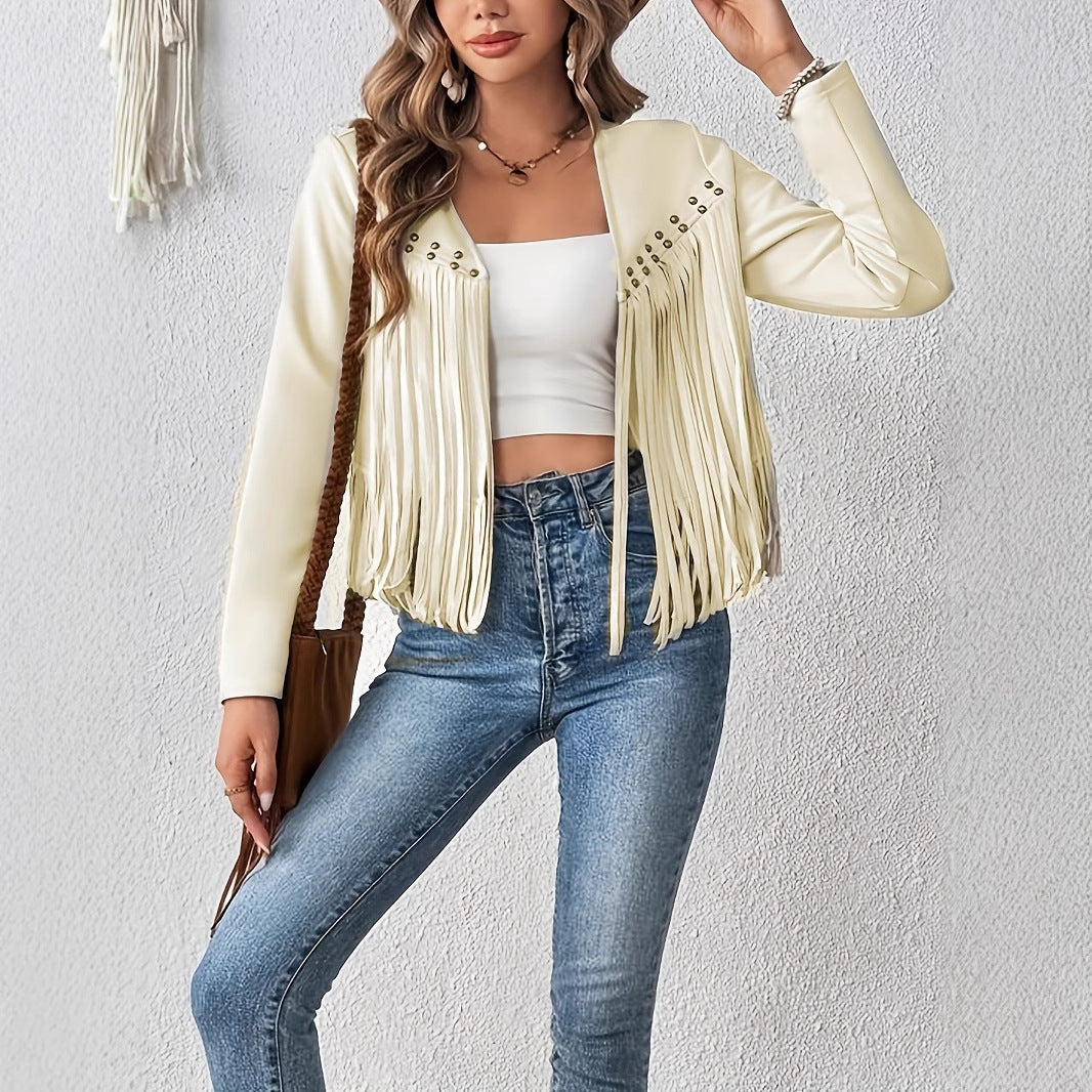 Elegant Solid Color Tassel Trimmed Front-Opening Jacket for Women