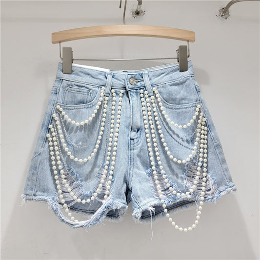 Gepersonaliseerde denim shorts met kralenketting ruwezoom en hoge taille