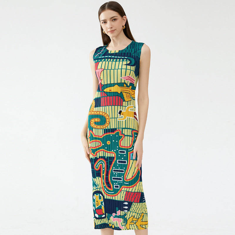 Summer new elegant animal waist slim fit round neck temperament pleated casual style dress for women