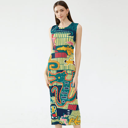 Summer new elegant animal waist slim fit round neck temperament pleated casual style dress for women