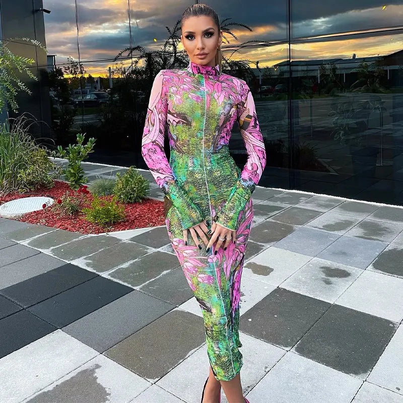 Dames lange mouwen hoge hals bodycon midi-jurk met bloemenprint