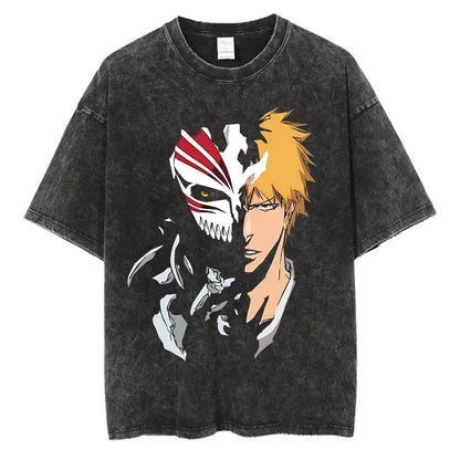 Anime Printed T-Shirt Summer Cotton Washed Vintage Short Sleeve