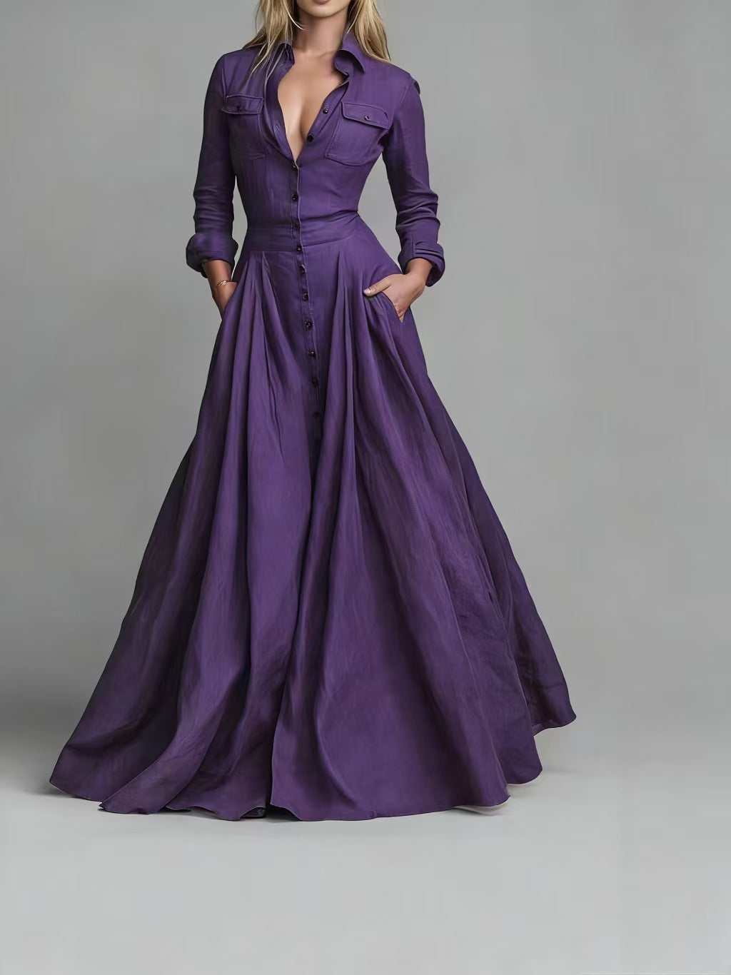 Elegant High-Waisted Maxi Dress with Long Sleeves and Turn-Down Collar Flared Silhouette Casual Women's Dress