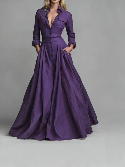 Elegant High-Waisted Maxi Dress with Long Sleeves and Turn-Down Collar Flared Silhouette Casual Women's Dress