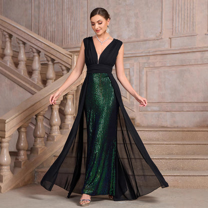 Mouwloze avondjurk met glitterrok V-hals en mesh sleep