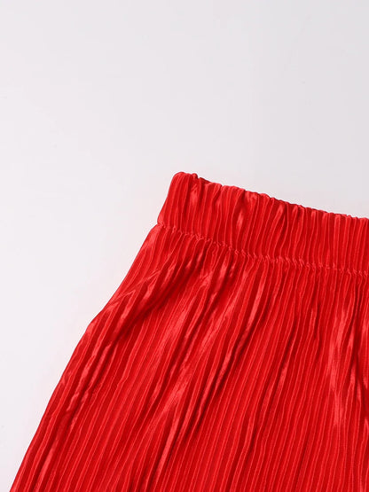Casual geplooide tweedelige set voor dames: overhemd met revers lange mouwen en broek met rechte pijpen