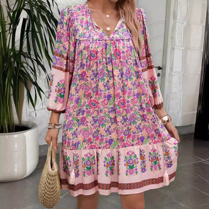European and American women's spring and summer bohemian casual V-neck printed dress