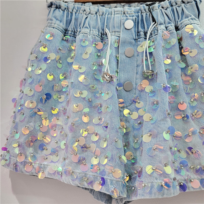 Summer new handmade beaded high waist slimming wide leg denim shorts for women