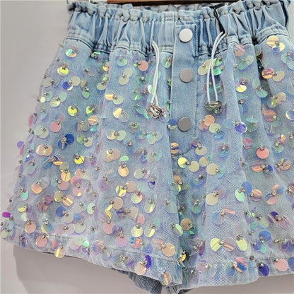 Summer new handmade beaded high waist slimming wide leg denim shorts for women
