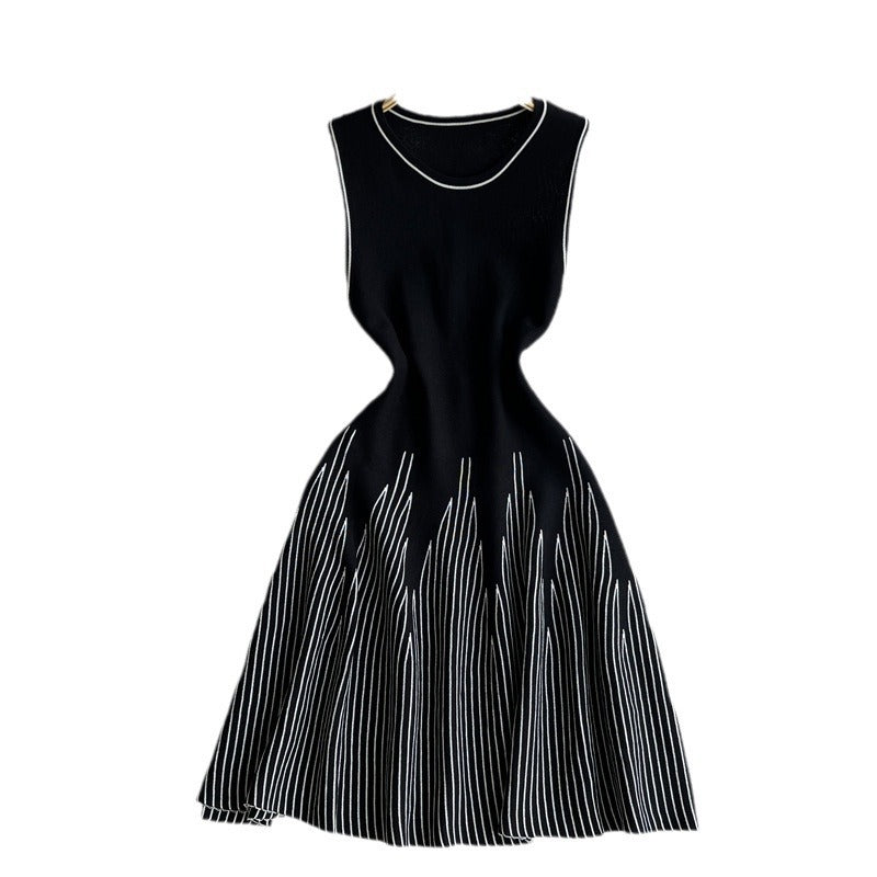 European and American minimalist sleeveless round neck striped knitted dress for women's summer waist cinching design niche fai