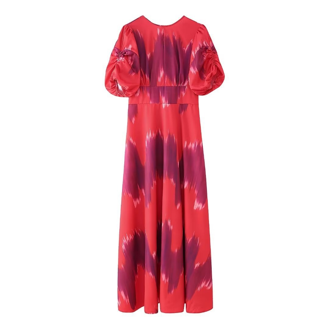 European and American summer new fashionable style round neck bubble sleeves backless waist cinched mid length dress