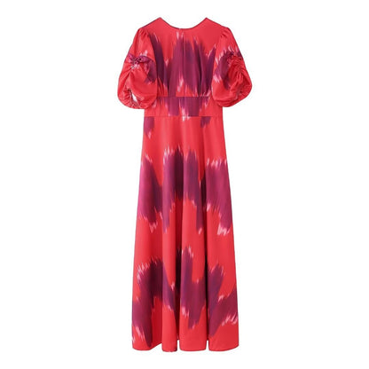 European and American summer new fashionable style round neck bubble sleeves backless waist cinched mid length dress