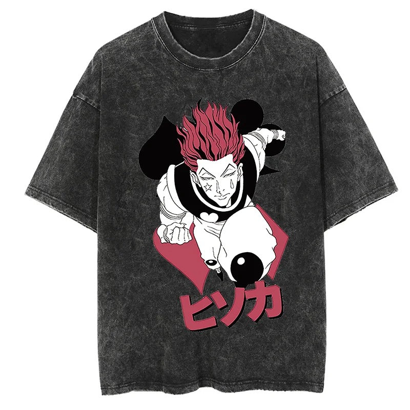 Summer New Fullmetal Alchemist Anime Print T-Shirt Summer Cotton Washed Vintage Distressed Short Sleeve Crew Neck