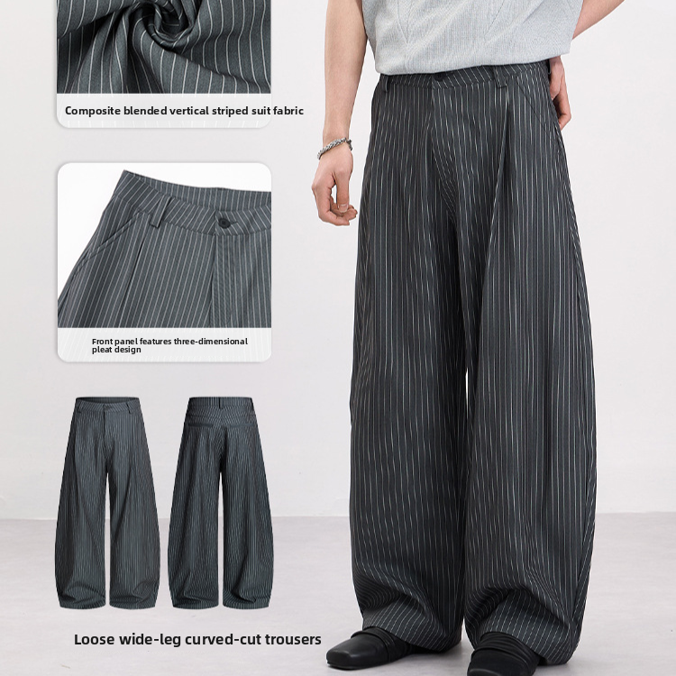 Men Women Retro Pleated Striped Baggy Wide Leg Trousers
