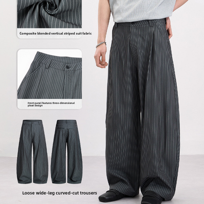 Men Women Retro Pleated Striped Baggy Wide Leg Trousers