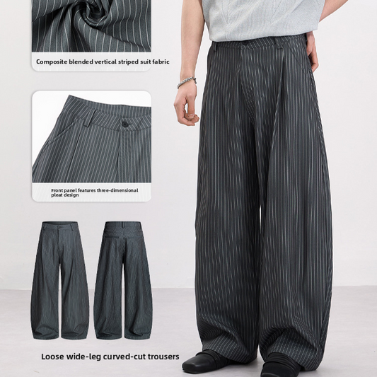 Men Women Retro Pleated Striped Baggy Wide Leg Trousers