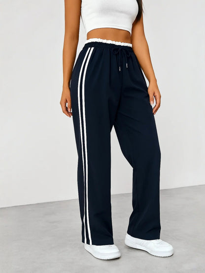 Womens Side-Striped Wide-Leg Sports Pants