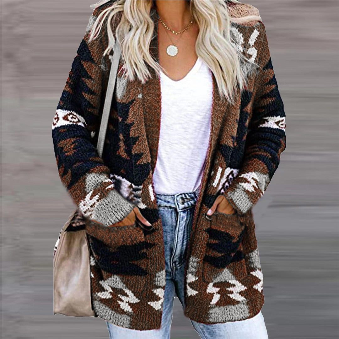 Dames los gebreid vest met print en zakken