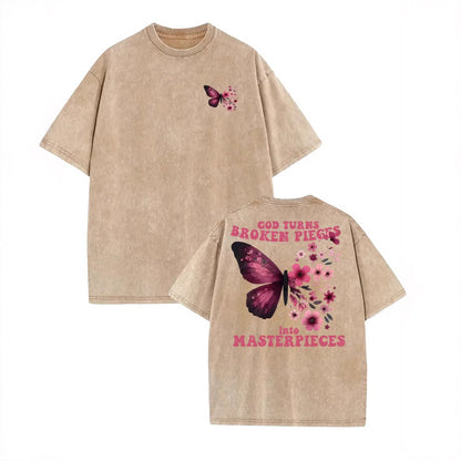 Vintage Washed Cotton T-Shirt with Butterfly Print