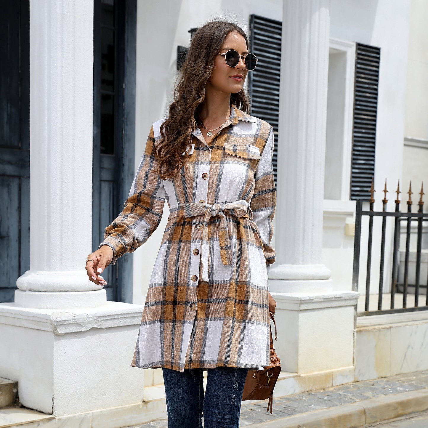 Amerikaanse dames geruite lange verdikte overhemdjurk