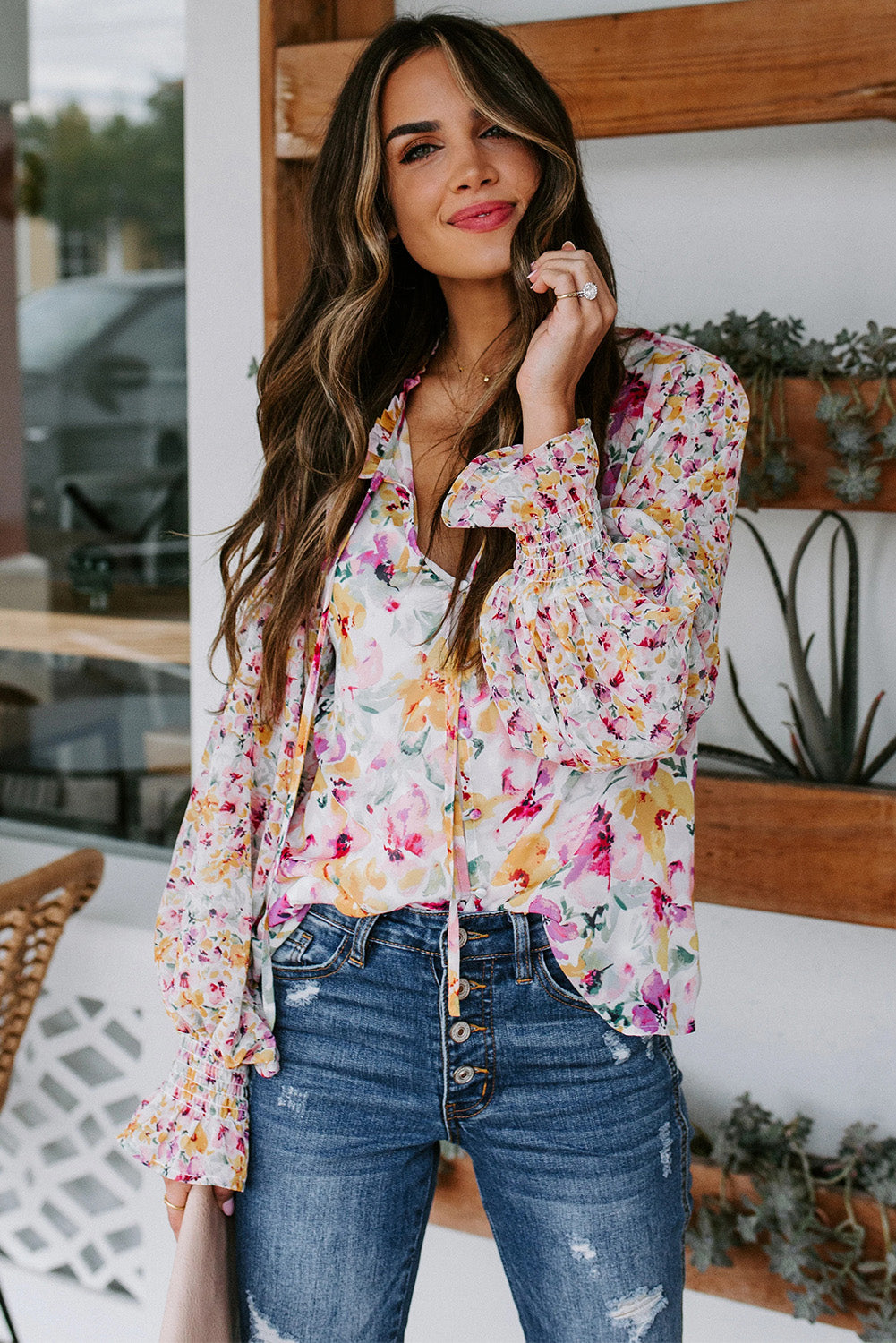 Casual Cakewalk blouse met bloemenprint en smockwerk