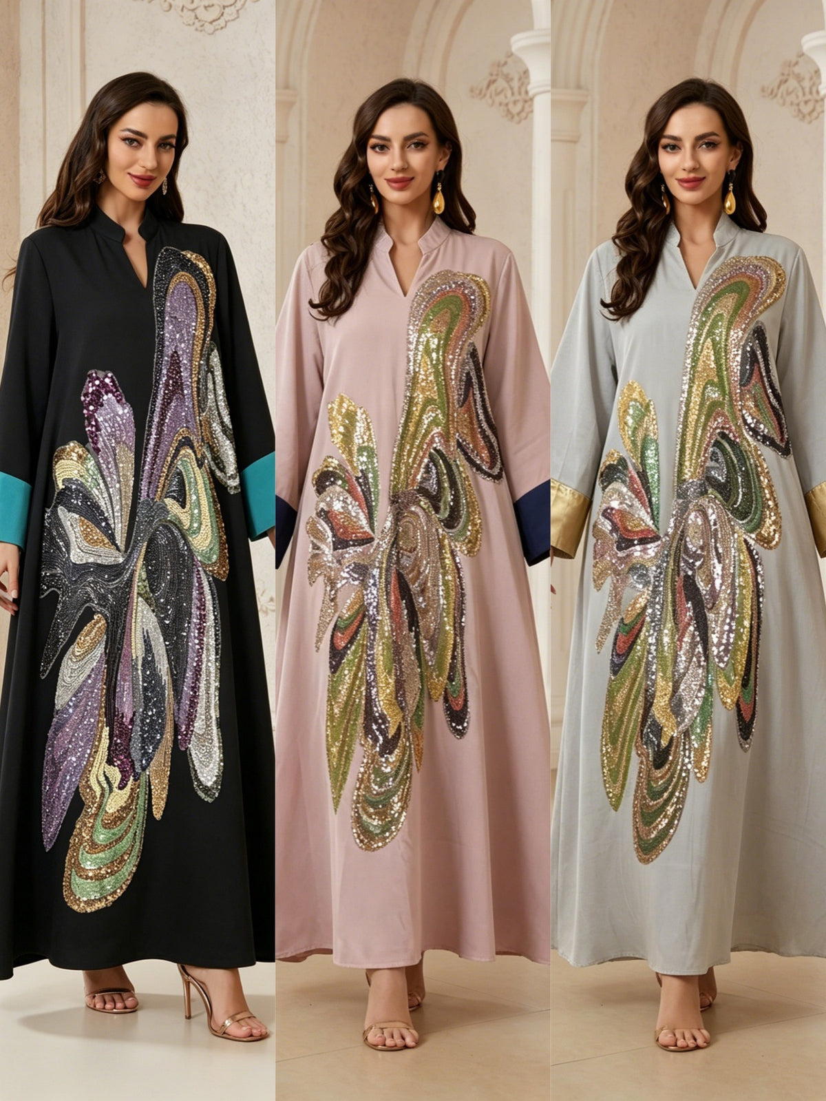 Elegant Floral Beaded Long Robe for Women