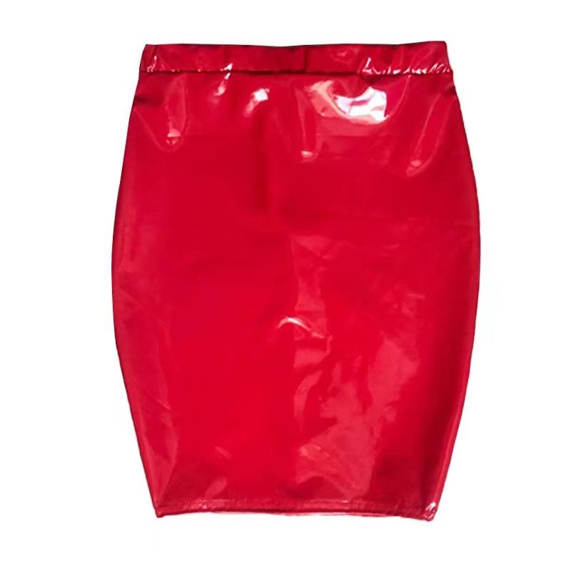 pure color Sexy Slim PU leather high waist zipper hip skirt