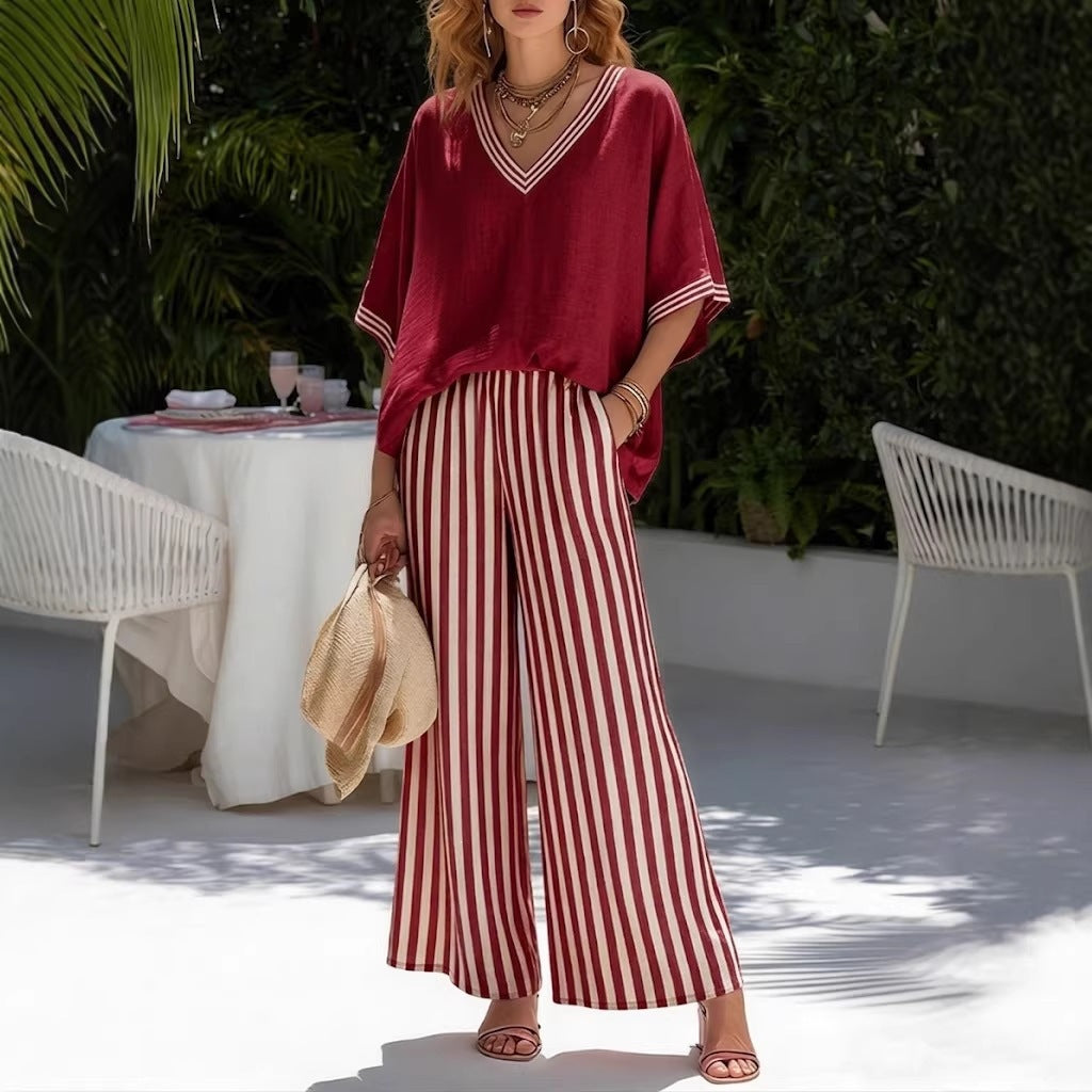 Linen-Cotton Set: Loose V-Neck Short-Sleeve Top and Striped Wide-Leg Pants