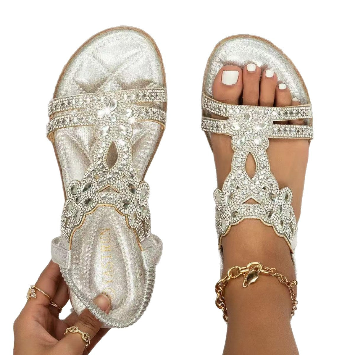 Bohemian Rhinestone Floral Flat Sandals