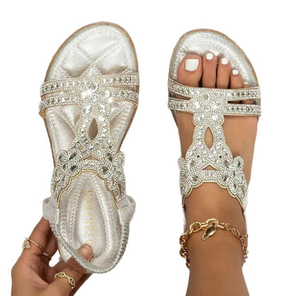 Bohemian Rhinestone Floral Flat Sandals