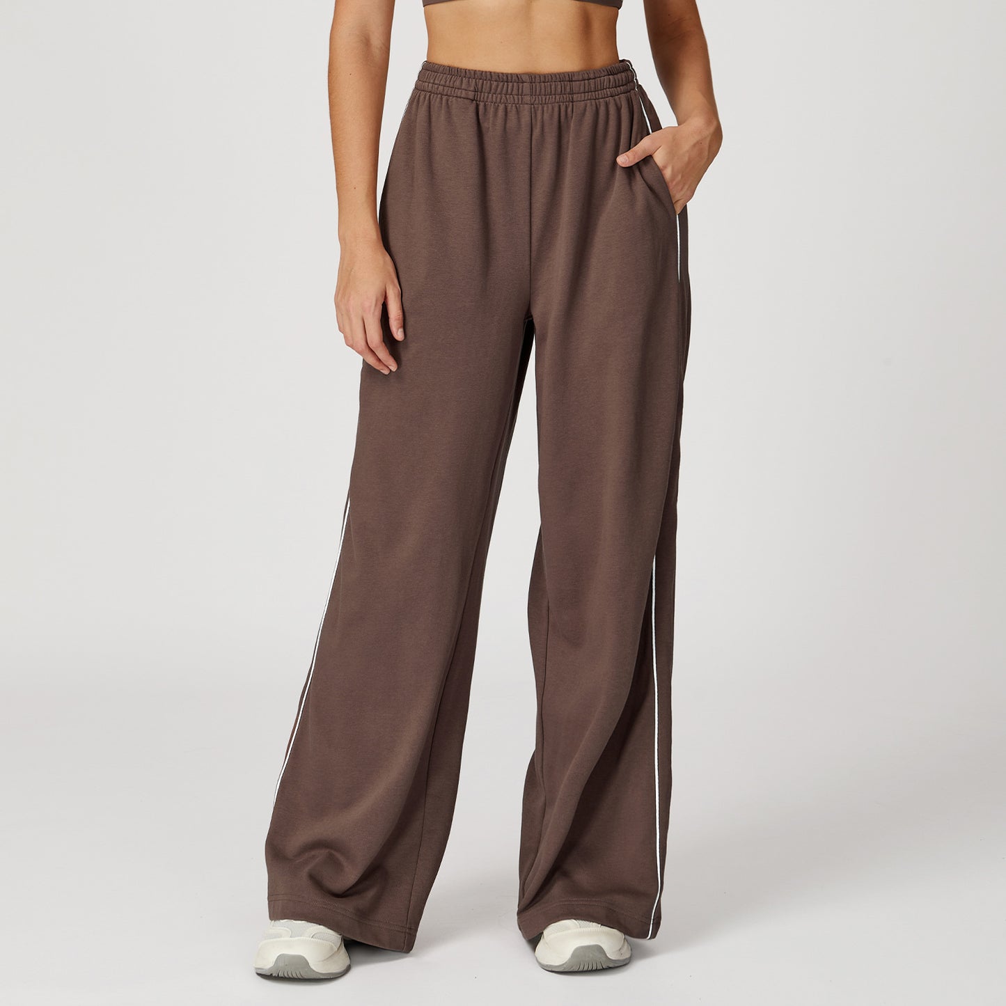 Contrasting Color Sports Sweatpants Loose High Waisted Straight Pants with Pockets