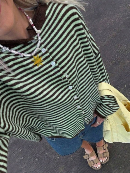 Women's Striped Knit Button-Front Long Sleeve Cardigan