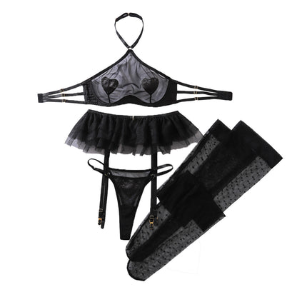 Net fabric see-through neckless lingerie set