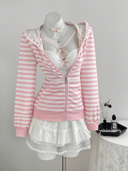 Pure Desire Powder White Striped Hooded Sweatshirt
