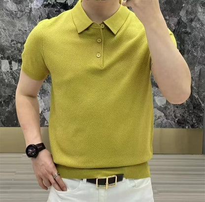 Fashion Casual Lapel Pure Color Polo Shirt Casual Knitted Short-Sleeved Men's Summer New Breathable Trendy Men's T-Shirt