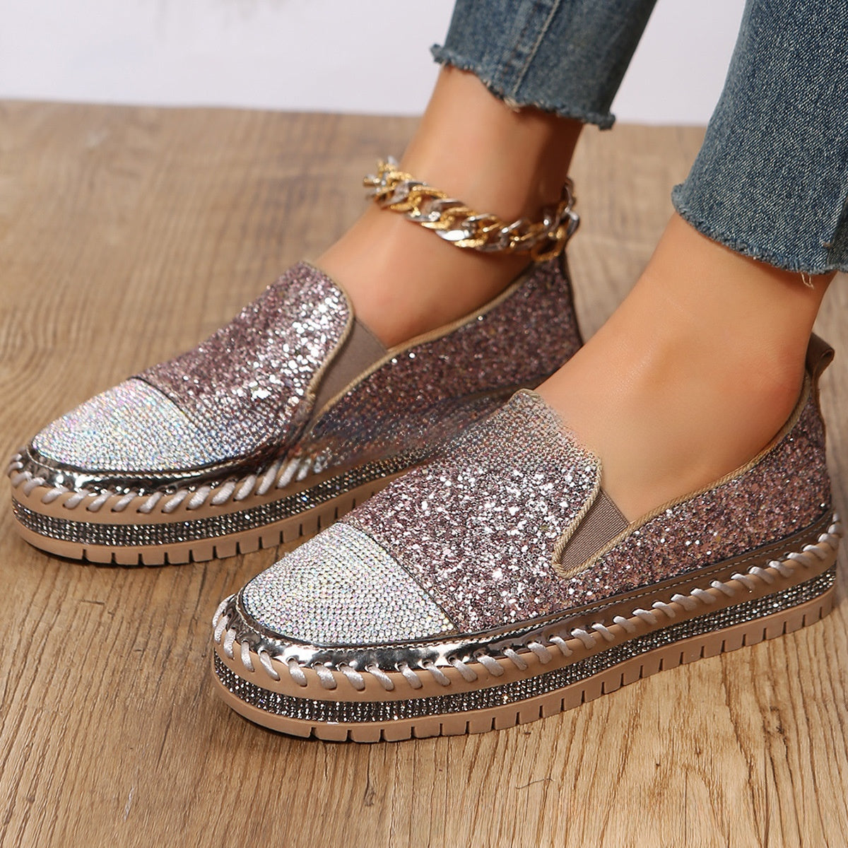 Women's Casual Rhinestone Loafers with Thick Sole