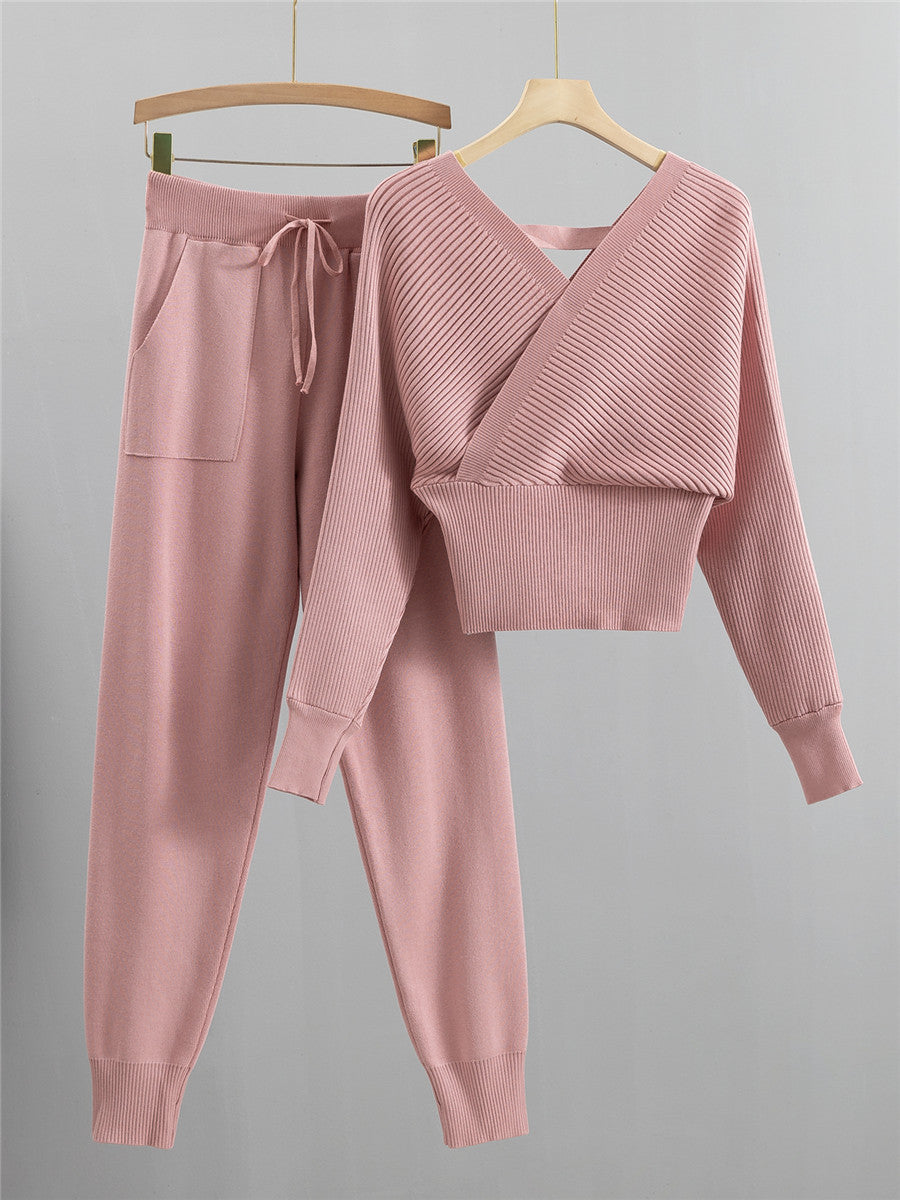 Petite gebreide tweedelige set met dubbele V-hals en blote schouders voor dames