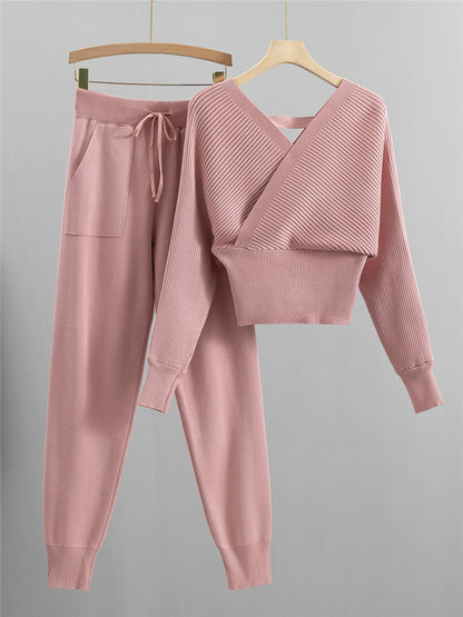 Petite gebreide tweedelige set met dubbele V-hals en blote schouders voor dames