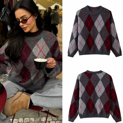 Women's Retro Diamond Pattern Acrylic Blend Pullover Sweater