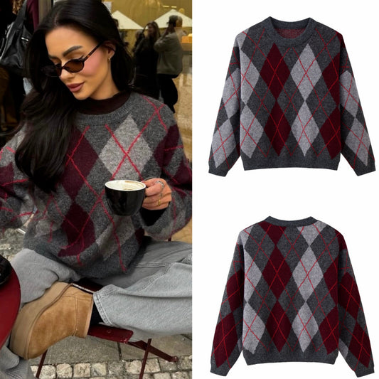 Women's Retro Diamond Pattern Acrylic Blend Pullover Sweater