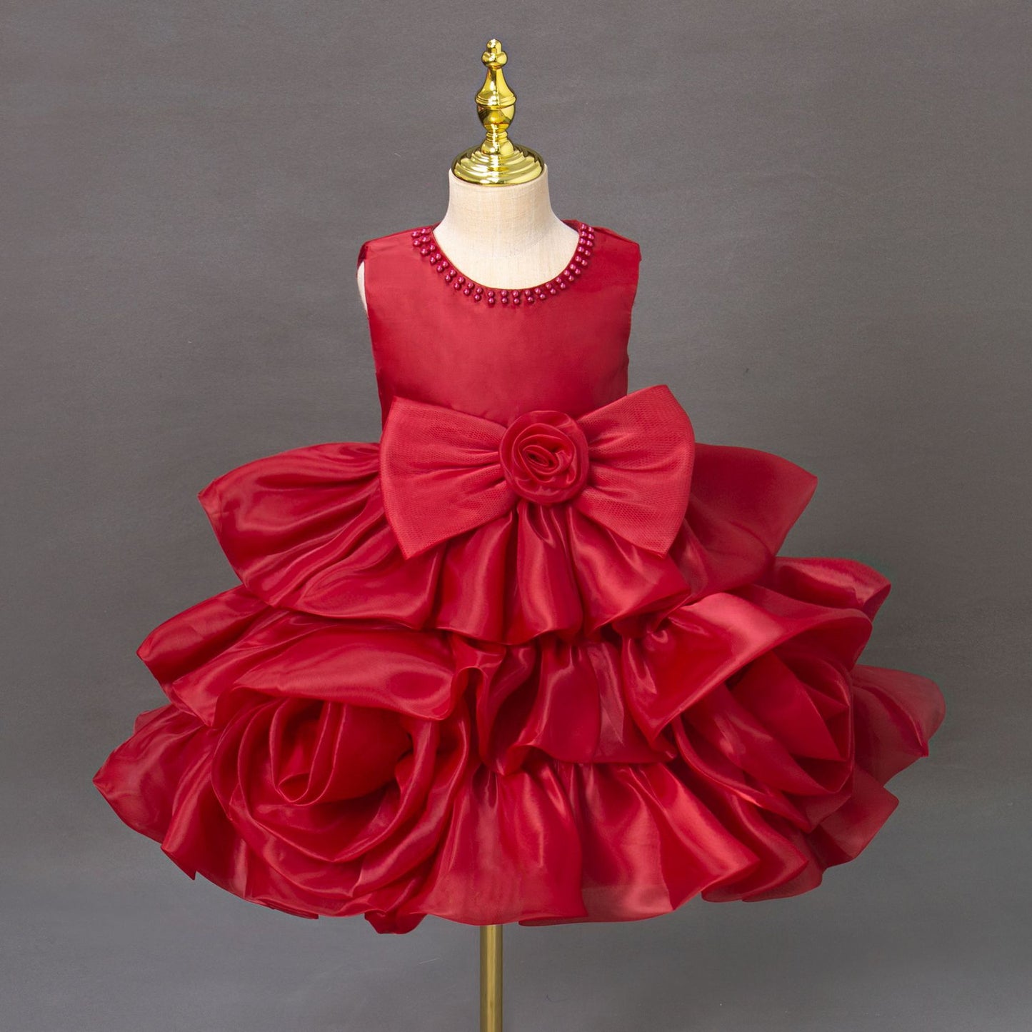 Girls Princess Dress with 3D Roses and Bow Tiered Tulle Birthday Party Gown