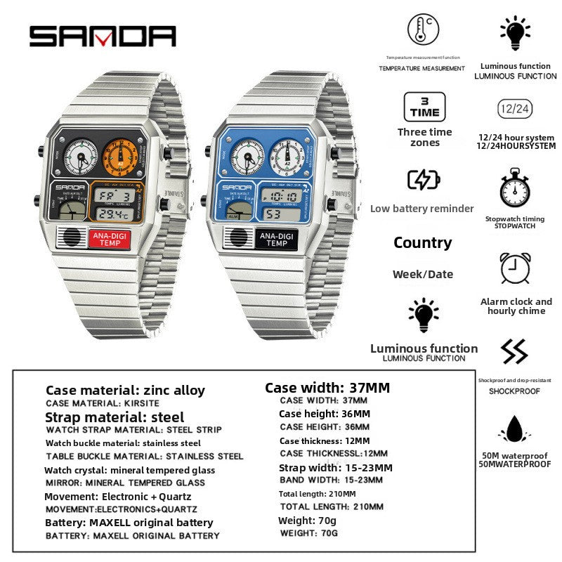Dual Display 50m Water Resistant Electronic Watch